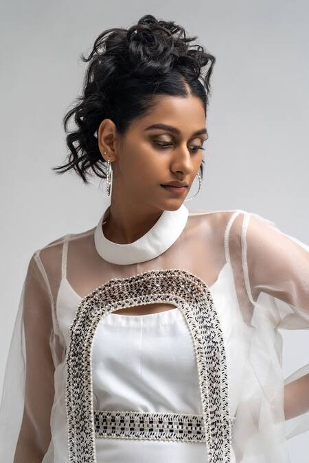 Buy_Atbw_White Organza, Chanderi Pearls, Beads Round Embellished Sheer Cape Dress Set_Online_at_Aza_Fashions