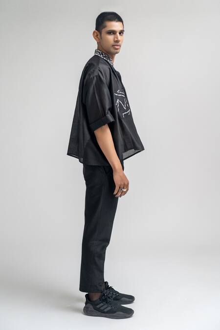 Atbw_Black Chanderi Embroidery Placement Shirt_Online_at_Aza_Fashions