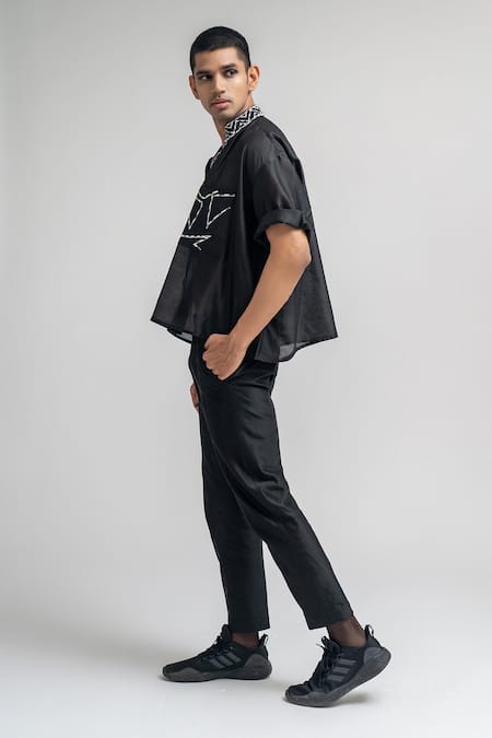 Buy_Atbw_Black Chanderi Embroidery Placement Shirt_Online_at_Aza_Fashions