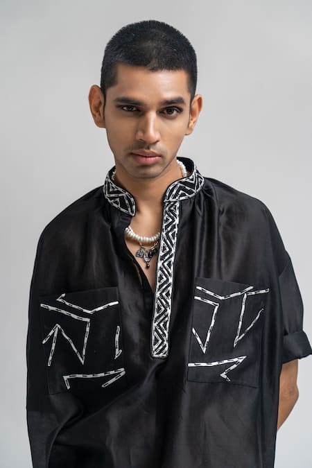 Shop_Atbw_Black Chanderi Embroidery Placement Shirt_Online_at_Aza_Fashions