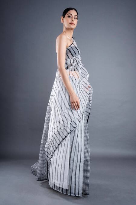 Shop Atbw Black Organza Checkered Block Print Saree Online at Aza Fashions Shop_Atbw_Black Organza Checkered Block Print Saree _Online_at_Aza_Fashions