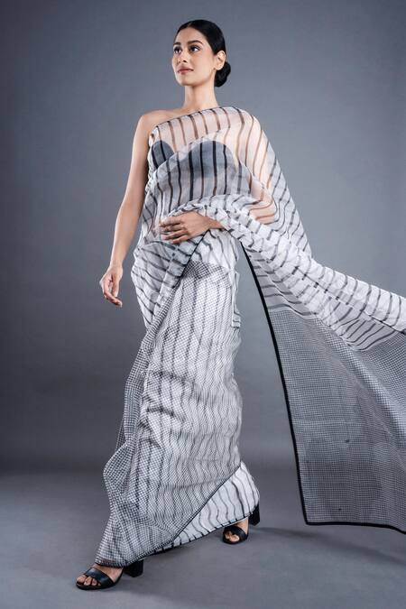 Buy Atbw Black Organza Checkered Block Print Saree Buy_Atbw_Black Organza Checkered Block Print Saree