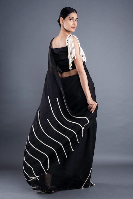 Shop Atbw Black Linen Dori Tassel Saree at Aza Fashions Shop_Atbw_Black Linen Dori Tassel Saree _at_Aza_Fashions