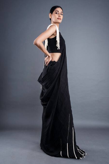 Shop Atbw Black Linen Dori Tassel Saree Online at Aza Fashions Shop_Atbw_Black Linen Dori Tassel Saree _Online_at_Aza_Fashions