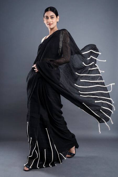 Atbw Black Linen Dori Tassel Saree at Aza Fashions Atbw_Black Linen Dori Tassel Saree _at_Aza_Fashions