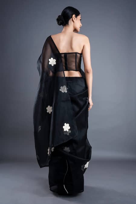 Shop_Atbw_Black Organza Floral Applique Saree _at_Aza_Fashions