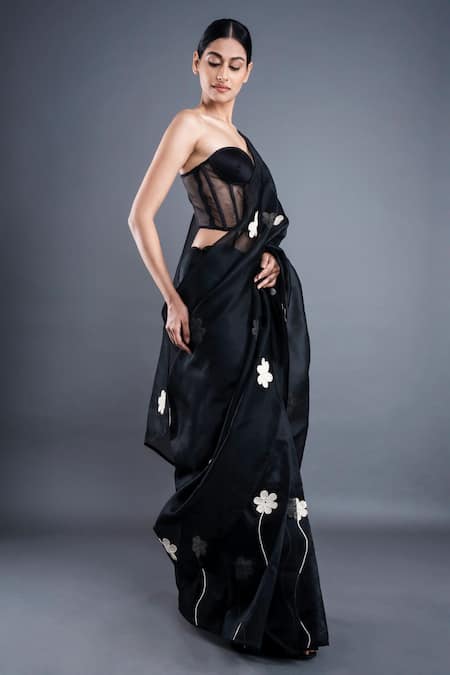 Atbw_Black Organza Floral Applique Saree _Online_at_Aza_Fashions