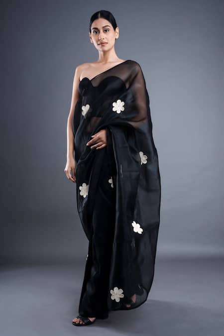Buy_Atbw_Black Organza Floral Applique Saree _Online_at_Aza_Fashions