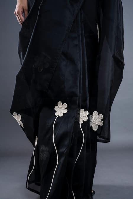 Shop_Atbw_Black Organza Floral Applique Saree _Online_at_Aza_Fashions