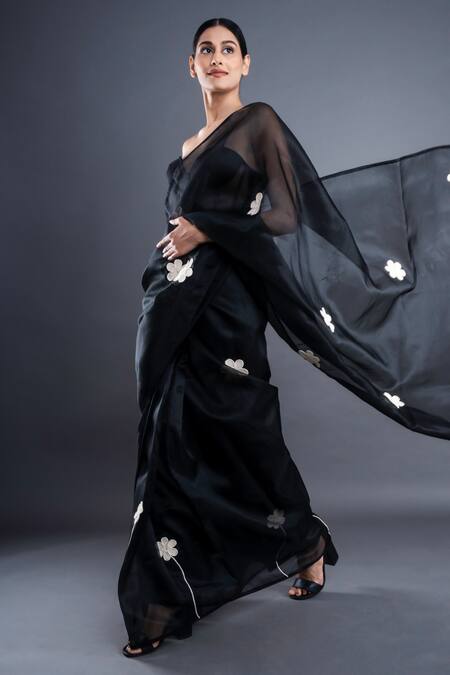 Atbw_Black Organza Floral Applique Saree _at_Aza_Fashions