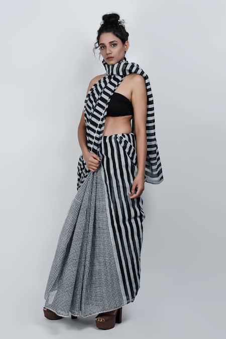 Shop_Atbw_Black Organza Monochrome Checkered Print Saree _at_Aza_Fashions