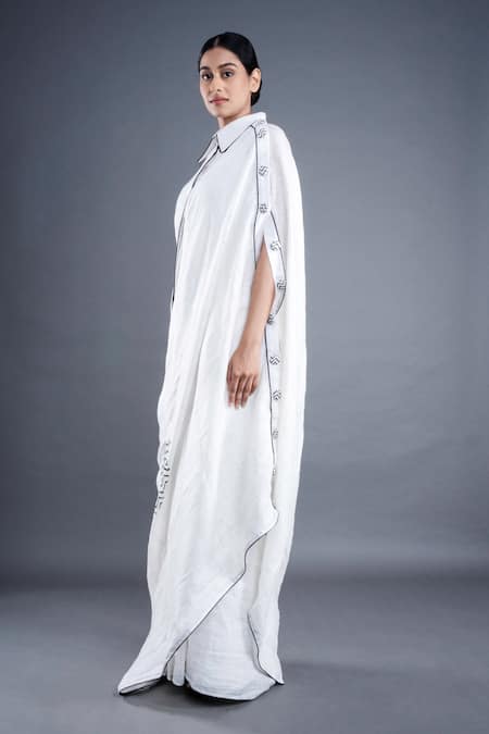Atbw_White Linen Block Print Chevron Geometric Saree _Online_at_Aza_Fashions