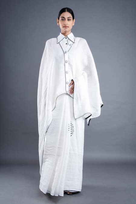 Buy_Atbw_White Linen Block Print Chevron Geometric Saree 