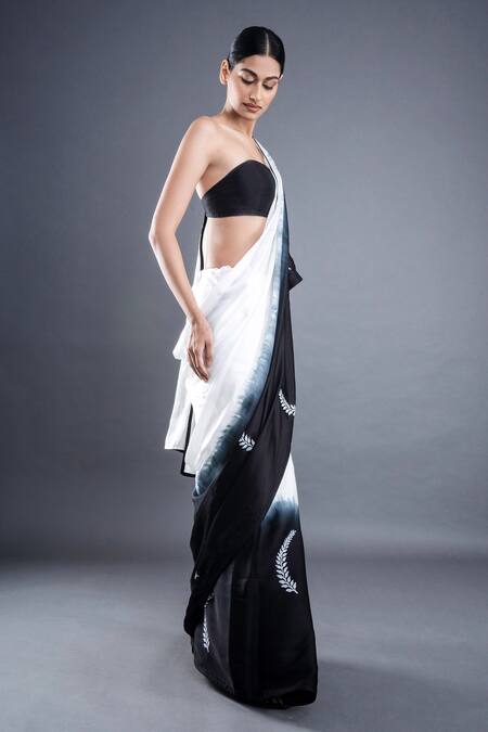 Atbw_Black Modal, Satin Foliage Print Ombre Saree_Online_at_Aza_Fashions