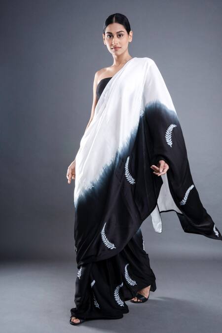 Buy_Atbw_Black Modal, Satin Foliage Print Ombre Saree_Online_at_Aza_Fashions