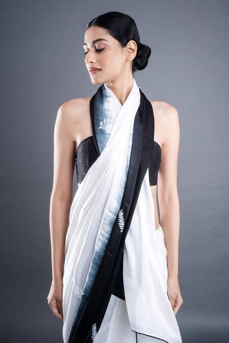 Shop_Atbw_Black Modal, Satin Foliage Print Ombre Saree_Online_at_Aza_Fashions