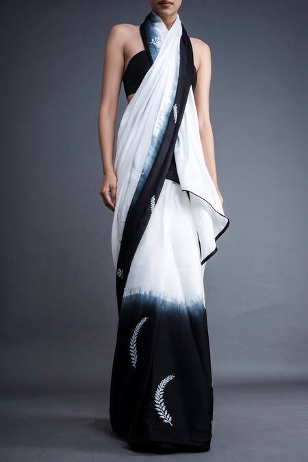 Atbw_Black Modal, Satin Foliage Print Ombre Saree_at_Aza_Fashions