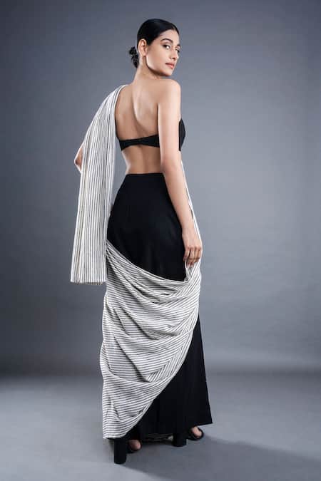 Shop_Atbw_Black Cotton Block Print Stripes Pre-draped Saree _at_Aza_Fashions