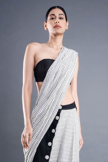 Atbw_Black Cotton Block Print Stripes Pre-draped Saree _Online_at_Aza_Fashions