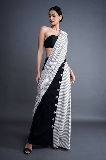 Buy_Atbw_Black Cotton Block Print Stripes Pre-draped Saree _Online_at_Aza_Fashions