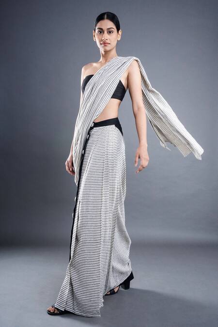 Shop_Atbw_Black Cotton Block Print Stripes Pre-draped Saree _Online_at_Aza_Fashions