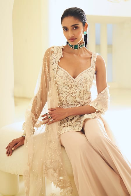 Buy_Seema Gujral_Pink Georgette Pearls, Crystals, Cut Work V-neck Embroidered Kurta Sharara Set 