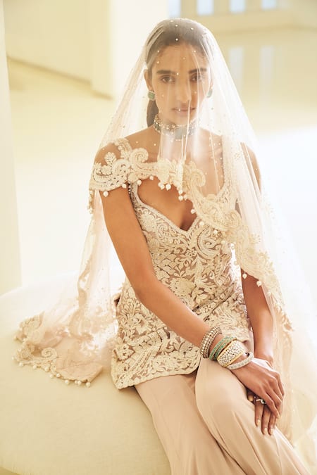 Shop_Seema Gujral_Pink Georgette Pearls, Crystals, Cut Work V-neck Embroidered Kurta Sharara Set 