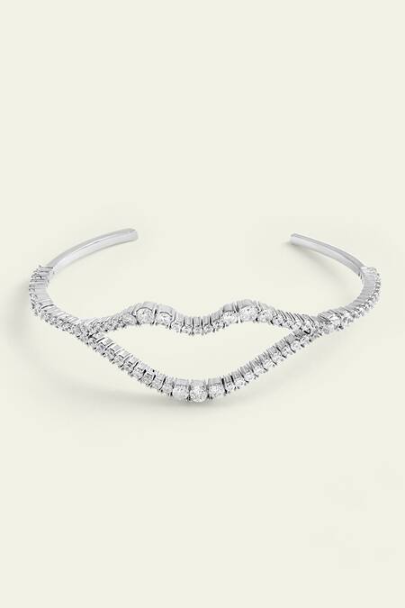 Shop_Isharya_Silver Plated Crystals Cubic Zirconia Encrusted Lip Cuff Bracelet_at_Aza_Fashions