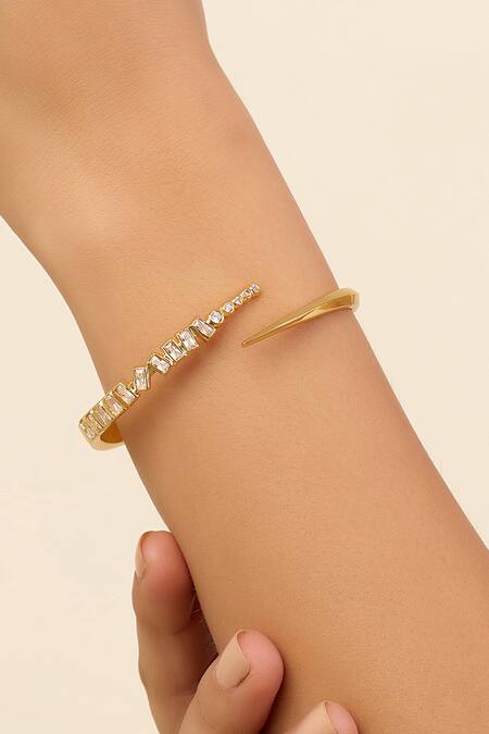 Shop_Isharya_Gold Plated Cubic Zirconia Encrusted Spiked Cuff Bracelet_Online_at_Aza_Fashions
