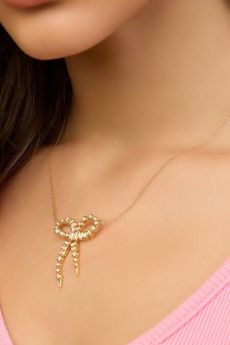 Shop_Isharya_Gold Plated Bow Spiked Pendant Necklace _Online_at_Aza_Fashions
