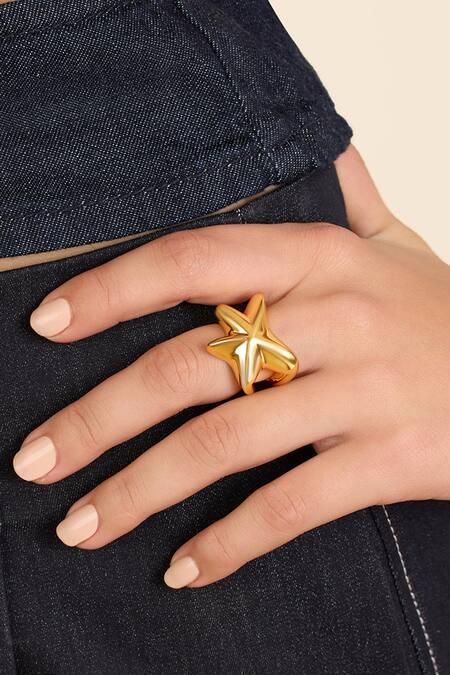 Isharya_Gold Plated Star Shaped Ring _at_Aza_Fashions