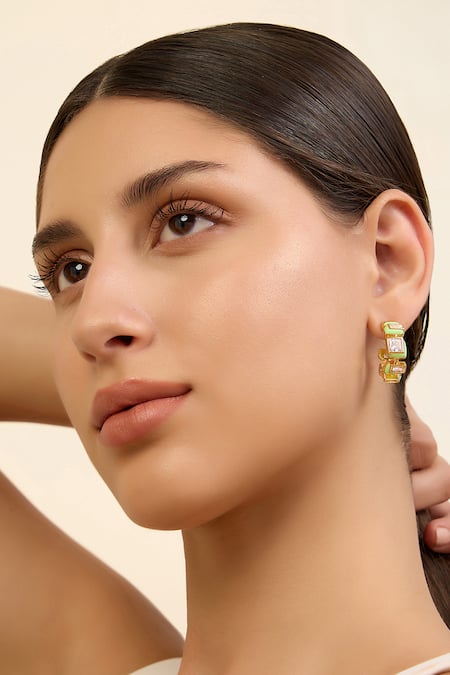 Isharya Green Crystals Stone Embellished Enamelled Hoops 