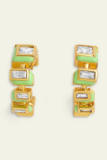 Shop Isharya Green Crystals Stone Embellished Enamelled Hoops at Aza Fashions Shop_Isharya_Green Crystals Stone Embellished Enamelled Hoops _at_Aza_Fashions