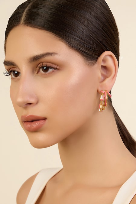 Isharya Pink Crystals Triple Enamelled Hoops 