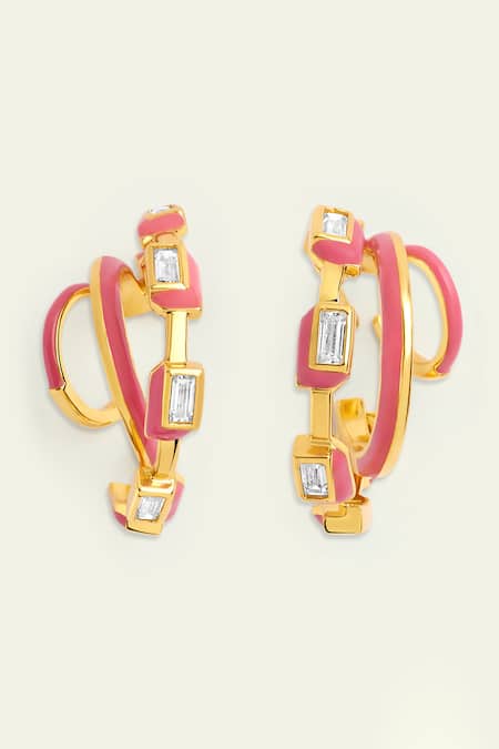 Shop Isharya Pink Crystals Triple Enamelled Hoops at Aza Fashions Shop_Isharya_Pink Crystals Triple Enamelled Hoops _at_Aza_Fashions