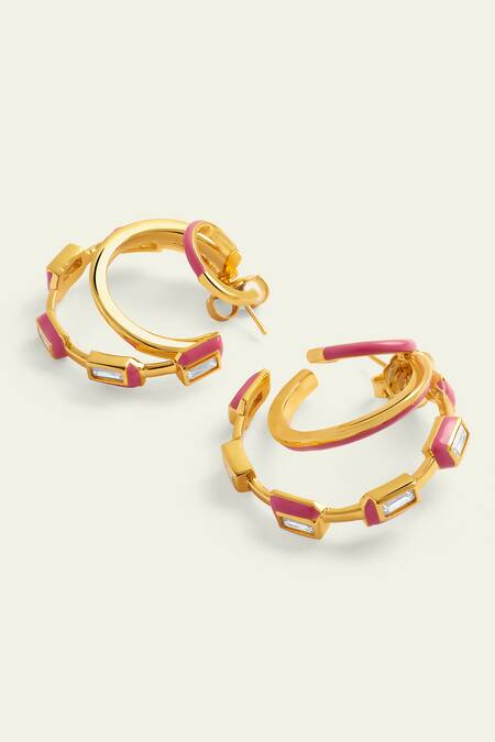 Isharya Pink Crystals Triple Enamelled Hoops Online at Aza Fashions Isharya_Pink Crystals Triple Enamelled Hoops _Online_at_Aza_Fashions