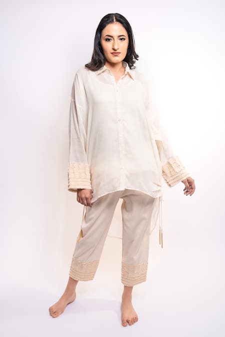 Anmol Kakad Cream Pure Mul Embroidery Denim Applique Sleeve Shirt And Pant Set  