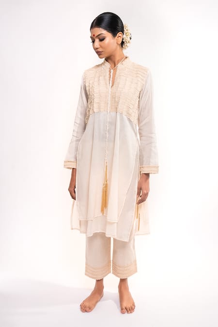 Anmol Kakad Cream Pure Mul Embroidery Denim Applique Mandarin Tunic And Pant Set 