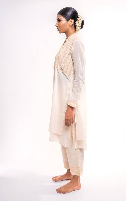 Shop_Anmol Kakad_Cream Cotton Embroidery Mandarin Collar Denim Applique Tunic And Pant Set_Online_at_Aza_Fashions