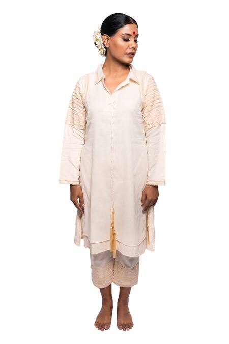 Anmol Kakad_Cream , Satin Applique Denim Embroidered Tunic And Pant Set_Online_at_Aza_Fashions