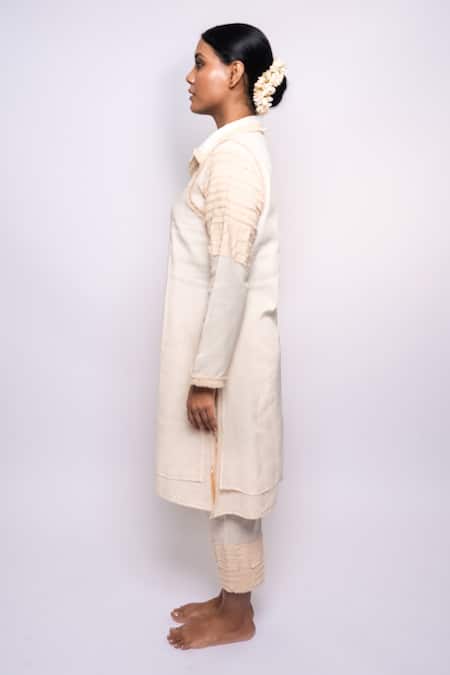 Buy_Anmol Kakad_Cream , Satin Applique Denim Embroidered Tunic And Pant Set_Online_at_Aza_Fashions