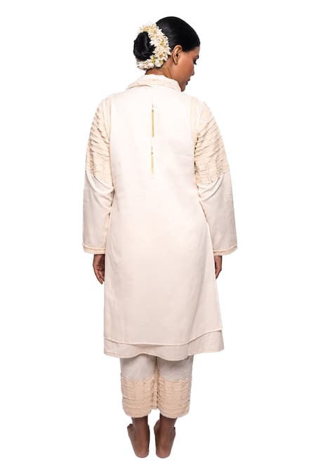 Shop_Anmol Kakad_Cream , Satin Applique Denim Embroidered Tunic And Pant Set_Online_at_Aza_Fashions