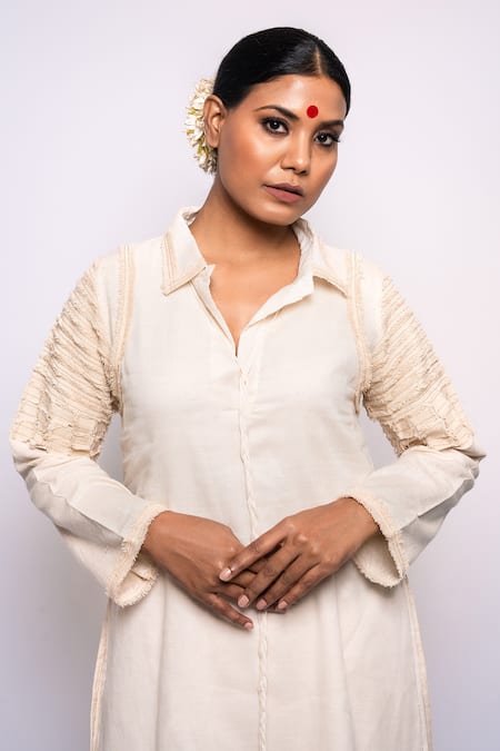 Anmol Kakad_Cream , Satin Applique Denim Embroidered Tunic And Pant Set_at_Aza_Fashions