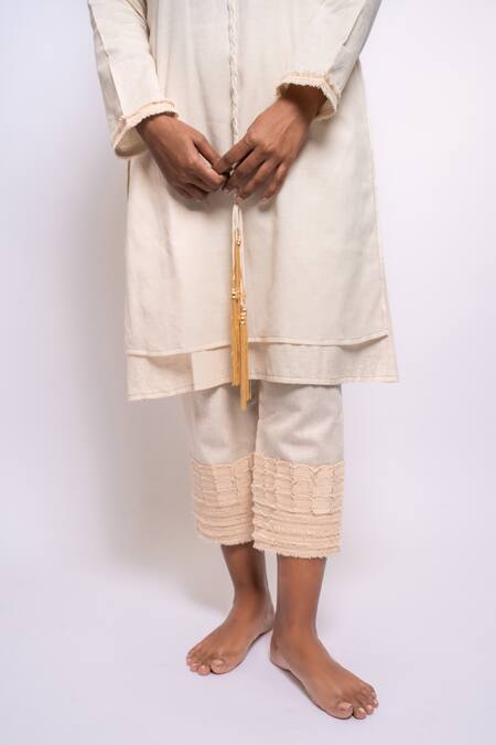 Buy_Anmol Kakad_Cream , Satin Applique Denim Embroidered Tunic And Pant Set