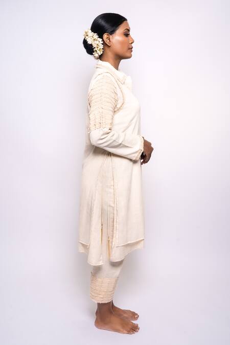 Shop_Anmol Kakad_Cream , Satin Applique Denim Embroidered Tunic And Pant Set