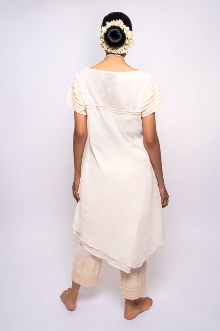 Shop Anmol Kakad Cream , Satin Embroidery Cowl Neck, Denim Applique Tunic And Pant Set at Aza Fashions Shop_Anmol Kakad_Cream , Satin Embroidery Cowl Neck, Denim Applique Tunic And Pant Set_at_Aza_Fashions