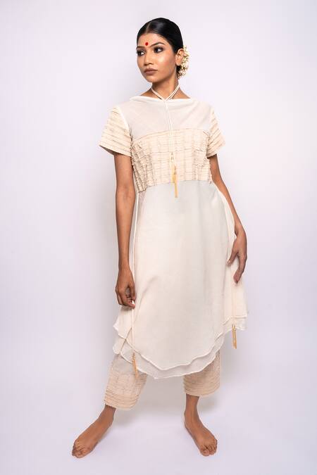 Shop Anmol Kakad Cream , Satin Embroidery Cowl Neck, Denim Applique Tunic And Pant Set Online at Aza Fashions Shop_Anmol Kakad_Cream , Satin Embroidery Cowl Neck, Denim Applique Tunic And Pant Set_Online_at_Aza_Fashions