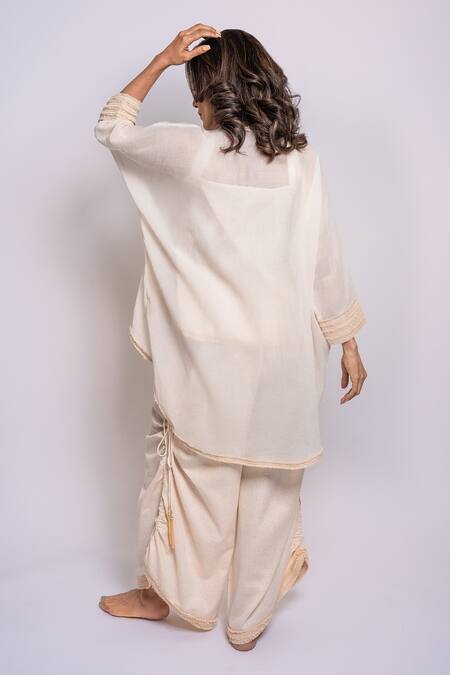 Shop_Anmol Kakad_Cream Cotton Embroidery Sleeve Cape Pant Set_at_Aza_Fashions