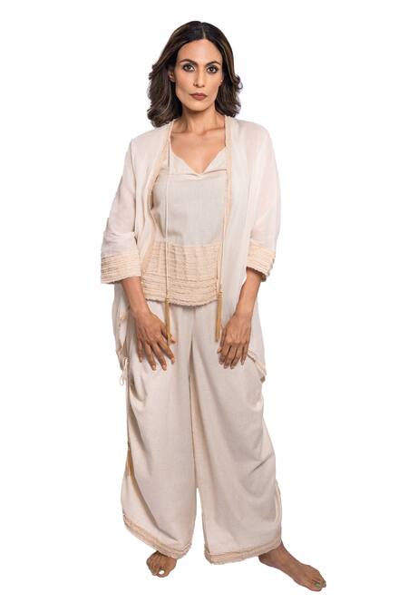 Anmol Kakad_Cream Cotton Embroidery Sleeve Cape Pant Set_Online_at_Aza_Fashions