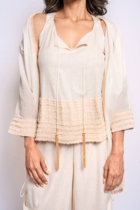 Shop_Anmol Kakad_Cream Cotton Embroidery Sleeve Cape Pant Set_Online_at_Aza_Fashions